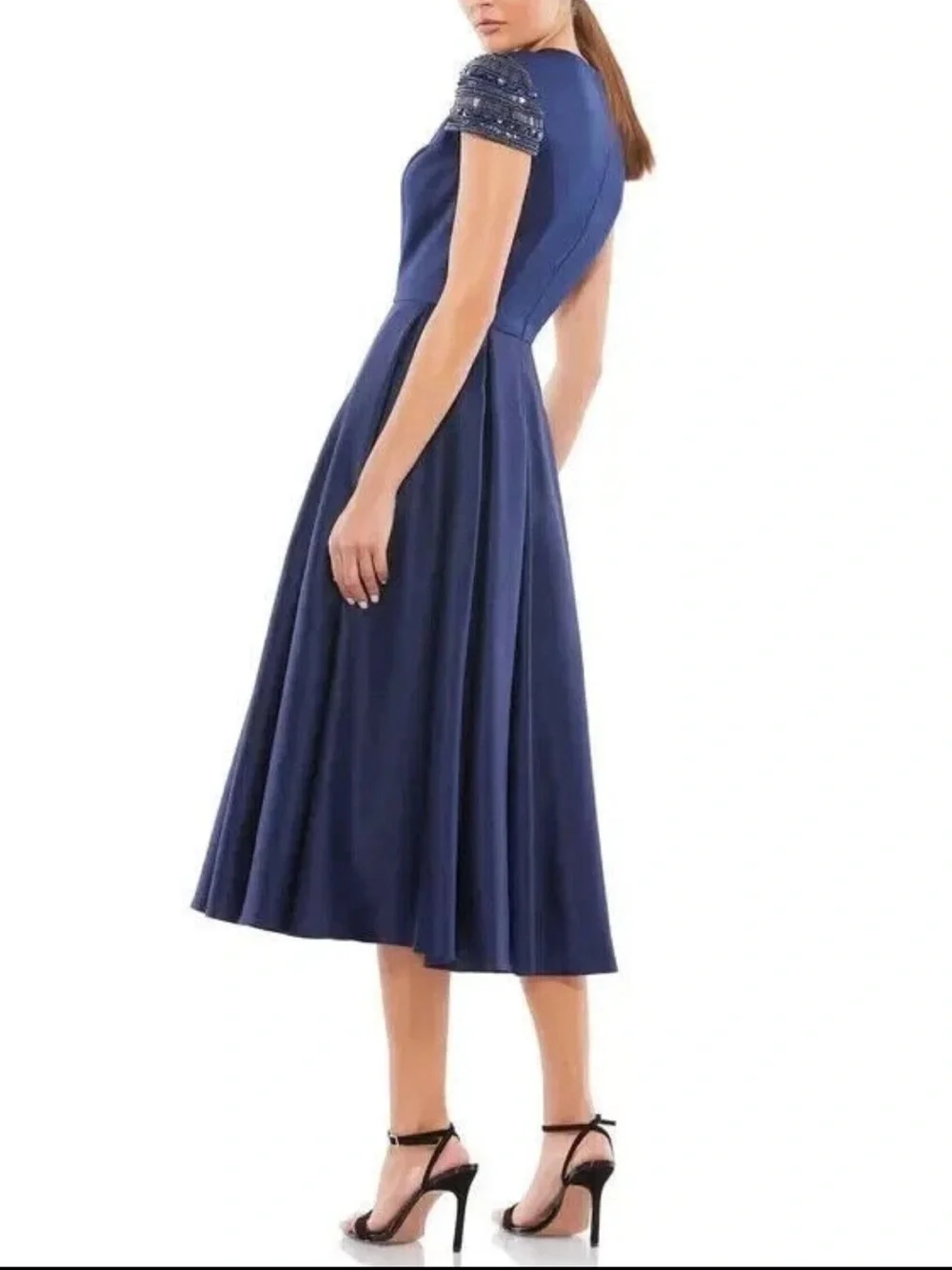 Mac Duggal Navy Blue Hand-Beaded Cap Sleeve A-Line Midi Dress
